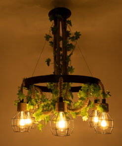 GloboStar® HELLET 01193 Vintage Industrial Κρεμαστό Φωτιστικό Οροφής Πολύφωτο 6 x E27 Μαύρο Μεταλλικό Πλέγμα με Μπεζ Σχοινί Φ72 x Y80cm