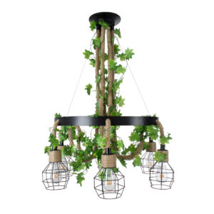 GloboStar® HELLET 01193 Vintage Industrial Κρεμαστό Φωτιστικό Οροφής Πολύφωτο 6 x E27 Μαύρο Μεταλλικό Πλέγμα με Μπεζ Σχοινί Φ72 x Y80cm