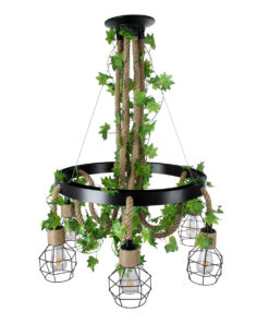 GloboStar® HELLET 01193 Vintage Industrial Κρεμαστό Φωτιστικό Οροφής Πολύφωτο 6 x E27 Μαύρο Μεταλλικό Πλέγμα με Μπεζ Σχοινί Φ72 x Y80cm