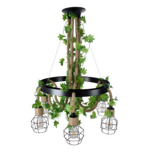 GloboStar® HELLET 01193 Vintage Industrial Κρεμαστό Φωτιστικό Οροφής Πολύφωτο 6 x E27 Μαύρο Μεταλλικό Πλέγμα με Μπεζ Σχοινί Φ72 x Y80cm