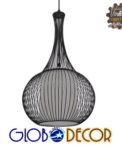 GloboStar® BERNA 01198 Μοντέρνο Κρεμαστό Φωτιστικό Οροφής Μονόφωτο Μαύρο Μεταλλικό Πλέγμα με Υφασμάτινο Εσωτερικό Καπέλο Φ30 x Y50cm