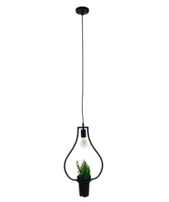 GloboStar® FLOWERPOT 10001210 Μοντέρνο Κρεμαστό Φωτιστικό Οροφής Μονόφωτο 1 x E27 Μαύρο Μεταλλικό με Διακοσμητικό Φυτό Φ27 x Y40cm
