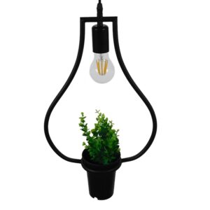 GloboStar® FLOWERPOT 10001210 Μοντέρνο Κρεμαστό Φωτιστικό Οροφής Μονόφωτο 1 x E27 Μαύρο Μεταλλικό με Διακοσμητικό Φυτό Φ27 x Y40cm