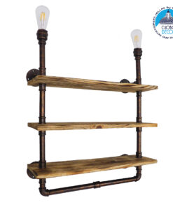 GloboStar® ENIMAS 01217 Vintage Industrial Φωτιστικό Τοίχου Απλίκα Δίφωτο Μπρούτζινο Μεταλλικό με Ξύλινα Ράφια Μ65 x Π23 x Υ76cm