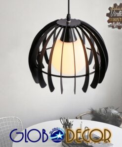 GloboStar® INGLEY 01226 Μοντέρνο Κρεμαστό Φωτιστικό Οροφής Μονόφωτο Μαύρο Μεταλλικό Πλέγμα με Λευκό Γυαλί Φ26 x Y21cm