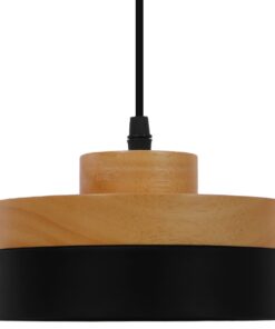 GloboStar® RUHIEL 01233 Μοντέρνο Κρεμαστό Φωτιστικό Οροφής Μονόφωτο 1 x E27 Μαύρο Μεταλλικό με Φυσικό Ξύλο Καμπάνα Φ18 x Y12cm