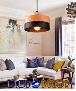 GloboStar® RUHIEL 01233 Μοντέρνο Κρεμαστό Φωτιστικό Οροφής Μονόφωτο 1 x E27 Μαύρο Μεταλλικό με Φυσικό Ξύλο Καμπάνα Φ18 x Y12cm