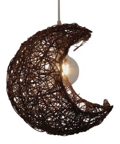 GloboStar® MENISCUS 01330 Vintage Κρεμαστό Φωτιστικό Οροφής Μονόφωτο 1 x E27 Καφέ Σκούρο Ξύλινο Ψάθινο Rattan Μ30 x Π20 x Υ35cm