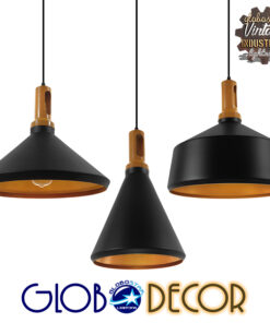 GloboStar® CALYPSO 01334 SET 3 Μοντέρνα Κρεμαστά Φωτιστικά Οροφής Τρίφωτο 3 x E27 Μαύρο – Χρυσό Μεταλλικά με Ξύλινη Βάση Καμπάνα
