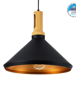 GloboStar® CALYPSO 01334-A Μοντέρνο Κρεμαστό Φωτιστικό Οροφής Μονόφωτο 1 x E27 Μαύρο – Χρυσό Μεταλλικό με Ξύλινη Βάση Καμπάνα Φ36 x Υ30cm