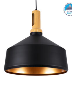 GloboStar® CALYPSO 01334-B Μοντέρνο Κρεμαστό Φωτιστικό Οροφής Μονόφωτο 1 x E27 Μαύρο – Χρυσό Μεταλλικό με Ξύλινη Βάση Καμπάνα Φ36 x Υ35cm