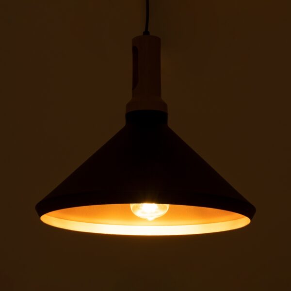 GloboStar® CALYPSO 01334-A Μοντέρνο Κρεμαστό Φωτιστικό Οροφής Μονόφωτο 1 x E27 Μαύρο – Χρυσό Μεταλλικό με Ξύλινη Βάση Καμπάνα Φ36 x Υ30cm