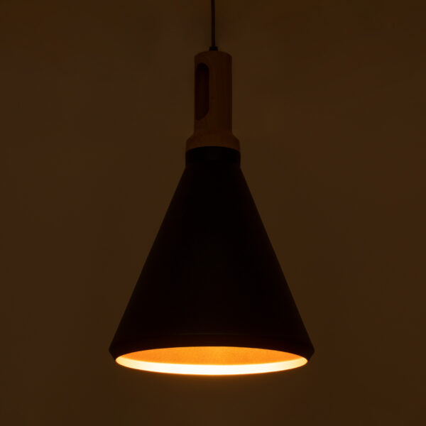 GloboStar® CALYPSO 01334-C Μοντέρνο Κρεμαστό Φωτιστικό Οροφής Μονόφωτο 1 x E27 Μαύρο – Χρυσό Μεταλλικό με Ξύλινη Βάση Καμπάνα Φ25 x Υ40cm