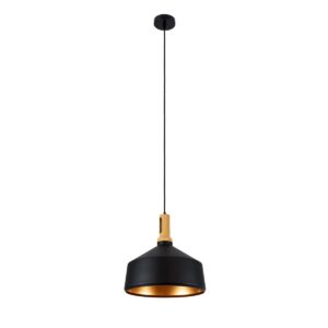 GloboStar® CALYPSO 01334-B Μοντέρνο Κρεμαστό Φωτιστικό Οροφής Μονόφωτο 1 x E27 Μαύρο – Χρυσό Μεταλλικό με Ξύλινη Βάση Καμπάνα Φ36 x Υ35cm