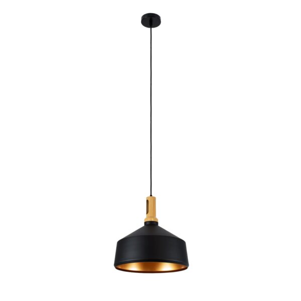 GloboStar® CALYPSO 01334-B Μοντέρνο Κρεμαστό Φωτιστικό Οροφής Μονόφωτο 1 x E27 Μαύρο – Χρυσό Μεταλλικό με Ξύλινη Βάση Καμπάνα Φ36 x Υ35cm