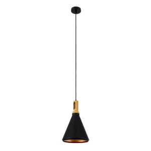 GloboStar® CALYPSO 01334-C Μοντέρνο Κρεμαστό Φωτιστικό Οροφής Μονόφωτο 1 x E27 Μαύρο – Χρυσό Μεταλλικό με Ξύλινη Βάση Καμπάνα Φ25 x Υ40cm