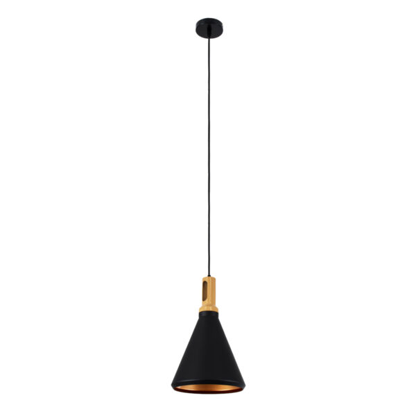 GloboStar® CALYPSO 01334-C Μοντέρνο Κρεμαστό Φωτιστικό Οροφής Μονόφωτο 1 x E27 Μαύρο – Χρυσό Μεταλλικό με Ξύλινη Βάση Καμπάνα Φ25 x Υ40cm