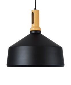 GloboStar® CALYPSO 01334-B Μοντέρνο Κρεμαστό Φωτιστικό Οροφής Μονόφωτο 1 x E27 Μαύρο – Χρυσό Μεταλλικό με Ξύλινη Βάση Καμπάνα Φ36 x Υ35cm