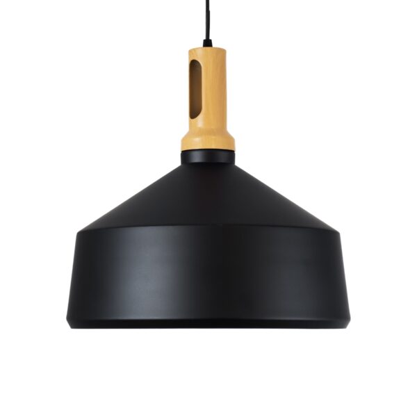 GloboStar® CALYPSO 01334-B Μοντέρνο Κρεμαστό Φωτιστικό Οροφής Μονόφωτο 1 x E27 Μαύρο – Χρυσό Μεταλλικό με Ξύλινη Βάση Καμπάνα Φ36 x Υ35cm