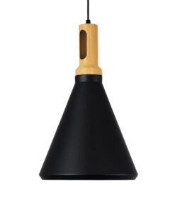 GloboStar® CALYPSO 01334-C Μοντέρνο Κρεμαστό Φωτιστικό Οροφής Μονόφωτο 1 x E27 Μαύρο – Χρυσό Μεταλλικό με Ξύλινη Βάση Καμπάνα Φ25 x Υ40cm