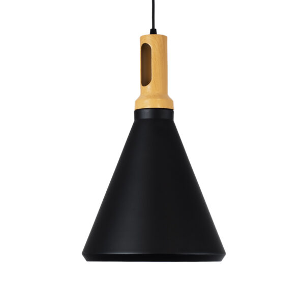GloboStar® CALYPSO 01334-C Μοντέρνο Κρεμαστό Φωτιστικό Οροφής Μονόφωτο 1 x E27 Μαύρο – Χρυσό Μεταλλικό με Ξύλινη Βάση Καμπάνα Φ25 x Υ40cm