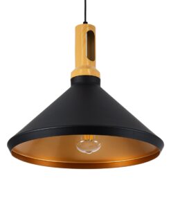 GloboStar® CALYPSO 01334-A Μοντέρνο Κρεμαστό Φωτιστικό Οροφής Μονόφωτο 1 x E27 Μαύρο – Χρυσό Μεταλλικό με Ξύλινη Βάση Καμπάνα Φ36 x Υ30cm