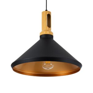 GloboStar® CALYPSO 01334-A Μοντέρνο Κρεμαστό Φωτιστικό Οροφής Μονόφωτο 1 x E27 Μαύρο – Χρυσό Μεταλλικό με Ξύλινη Βάση Καμπάνα Φ36 x Υ30cm