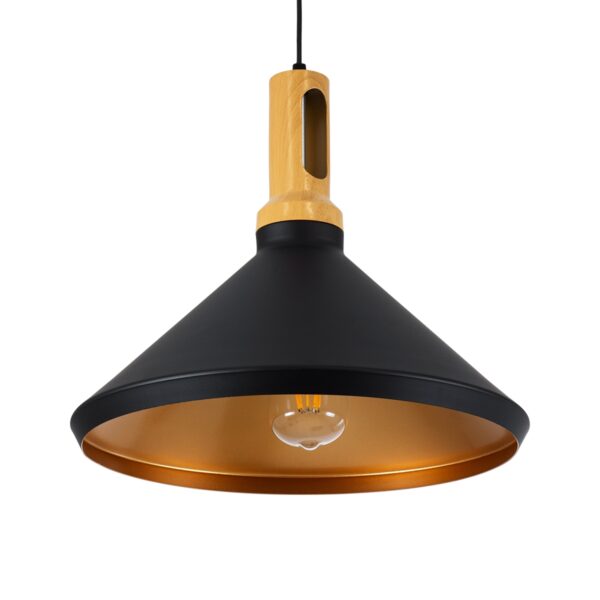 GloboStar® CALYPSO 01334-A Μοντέρνο Κρεμαστό Φωτιστικό Οροφής Μονόφωτο 1 x E27 Μαύρο – Χρυσό Μεταλλικό με Ξύλινη Βάση Καμπάνα Φ36 x Υ30cm