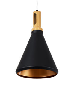 GloboStar® CALYPSO 01334-C Μοντέρνο Κρεμαστό Φωτιστικό Οροφής Μονόφωτο 1 x E27 Μαύρο – Χρυσό Μεταλλικό με Ξύλινη Βάση Καμπάνα Φ25 x Υ40cm