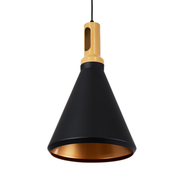 GloboStar® CALYPSO 01334-C Μοντέρνο Κρεμαστό Φωτιστικό Οροφής Μονόφωτο 1 x E27 Μαύρο – Χρυσό Μεταλλικό με Ξύλινη Βάση Καμπάνα Φ25 x Υ40cm