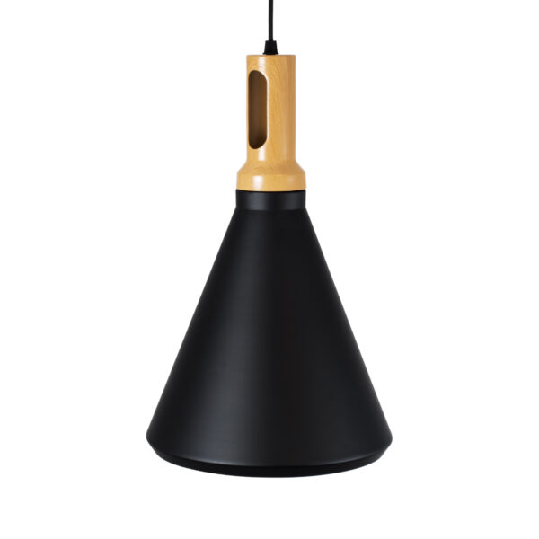 GloboStar® CALYPSO 01334-C Μοντέρνο Κρεμαστό Φωτιστικό Οροφής Μονόφωτο 1 x E27 Μαύρο – Χρυσό Μεταλλικό με Ξύλινη Βάση Καμπάνα Φ25 x Υ40cm