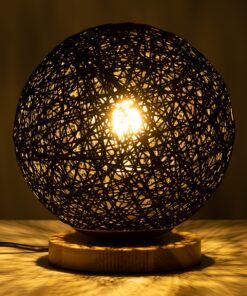 GloboStar® OCEANA 01338 Μοντέρνο Επιτραπέζιο Φωτιστικό Πορτατίφ Μονόφωτο Μαύρο Ξύλινο Ψάθινο Rattan Φ20 x Υ22cm