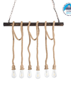 GloboStar® RAILROAD 01379 Vintage Industrial Κρεμαστό Φωτιστικό Οροφής Πολύφωτο 6 x E27 Μπρούτζινο Μεταλλικό με Μπεζ Σχοινί Μ80 x Π4 x Y55cm