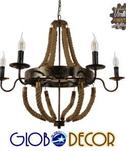 GloboStar® VICTORIAN 01404 Vintage Κρεμαστό Φωτιστικό Οροφής Πολύφωτο 6 x E14 Μπρούτζινο Σκουριά Μεταλλικό Πολυέλαιος με Μπεζ Σχοινί Φ76 x Y65cm