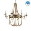 GloboStar® BAVARIAN 01405 Vintage Κρεμαστό Φωτιστικό Οροφής Πολύφωτο 8 x E14 Μπρούτζινο Σκουριά Μεταλλικό Πολυέλαιος με Μπεζ Σχοινί Φ87 x Υ80cm