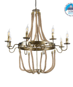 GloboStar® BAVARIAN 01405 Vintage Κρεμαστό Φωτιστικό Οροφής Πολύφωτο 8 x E14 Μπρούτζινο Σκουριά Μεταλλικό Πολυέλαιος με Μπεζ Σχοινί Φ87 x Υ80cm