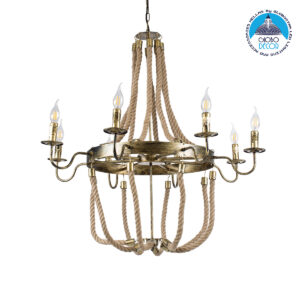 GloboStar® BAVARIAN 01405 Vintage Κρεμαστό Φωτιστικό Οροφής Πολύφωτο 8 x E14 Μπρούτζινο Σκουριά Μεταλλικό Πολυέλαιος με Μπεζ Σχοινί Φ87 x Υ80cm