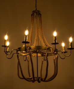 GloboStar® BAVARIAN 01405 Vintage Κρεμαστό Φωτιστικό Οροφής Πολύφωτο 8 x E14 Μπρούτζινο Σκουριά Μεταλλικό Πολυέλαιος με Μπεζ Σχοινί Φ87 x Υ80cm