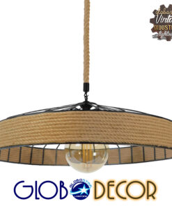 GloboStar® SAHARA 01416 Vintage Κρεμαστό Φωτιστικό Οροφής Μονόφωτο 1 x E27 Μαύρο Μεταλλικό με Μπεζ Σχοινί Φ80 x Υ25cm