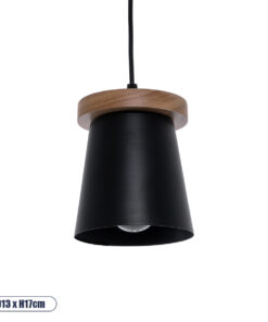 GloboStar® LANA 01424 Μοντέρνο Κρεμαστό Φωτιστικό Οροφής Μονόφωτο 1 x E27 με Ξύλινη Βάση και Μαύρο Καπέλο Φ13 x Y17cm