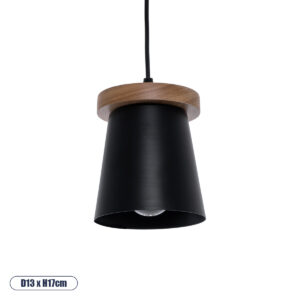 GloboStar® LANA 01424 Μοντέρνο Κρεμαστό Φωτιστικό Οροφής Μονόφωτο 1 x E27 με Ξύλινη Βάση και Μαύρο Καπέλο Φ13 x Y17cm