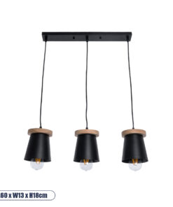 GloboStar® LANA 01425 ΣΕΤ Μοντέρνο Κρεμαστό Φωτιστικό Οροφής Τρίφωτο 3 x E27 με Ξύλινη Βάση και Μαύρο Καπέλο Φ13 x Μ58 x Y17cm