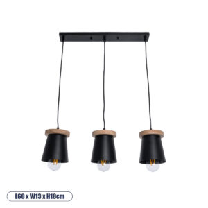 GloboStar® LANA 01425 ΣΕΤ Μοντέρνο Κρεμαστό Φωτιστικό Οροφής Τρίφωτο 3 x E27 με Ξύλινη Βάση και Μαύρο Καπέλο Φ13 x Μ58 x Y17cm
