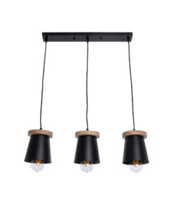 GloboStar® LANA 01425 ΣΕΤ Μοντέρνο Κρεμαστό Φωτιστικό Οροφής Τρίφωτο 3 x E27 με Ξύλινη Βάση και Μαύρο Καπέλο Φ13 x Μ58 x Y17cm