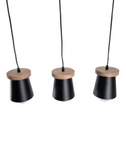 GloboStar® LANA 01425 ΣΕΤ Μοντέρνο Κρεμαστό Φωτιστικό Οροφής Τρίφωτο 3 x E27 με Ξύλινη Βάση και Μαύρο Καπέλο Φ13 x Μ58 x Y17cm
