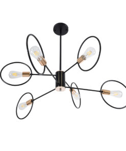 GloboStar® NEXUS 01446 Μοντέρνο Industrial Φωτιστικό Οροφής Πολύφωτο 6 x E27 Μαύρο με Χρυσές Λεπτομέρειες Μεταλλικό Πλέγμα Φ46 x Y74cm