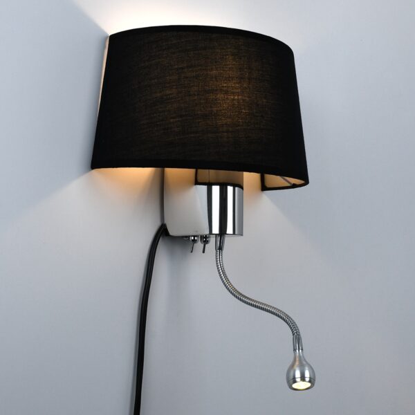 GloboStar® ELEGANT 01492 Μοντέρνο Φωτιστικό Τοίχου Απλίκα Μεταλλικό Χρώμιο Νίκελ με Μαύρο Ύφασμα Δίφωτο 1xE27 – Ρυθμίζόμενο Σώμα Σπιράλ με CREE LED 3W Θερμό Λευκό 2700K – Διακόπτες On / Off Μ26.5 x Π15 x Υ43cm