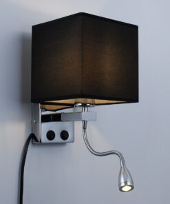 GloboStar® ELEGANT 01494 Μοντέρνο Φωτιστικό Τοίχου Απλίκα Μεταλλικό Χρώμιο Νίκελ με Μαύρο Ύφασμα Δίφωτο 1xE27 – Ρυθμίζόμενο Σώμα Σπιράλ με CREE LED 3W Θερμό Λευκό 2700K – Διακόπτες On / Off Μ17 x Π21 x Υ43cm