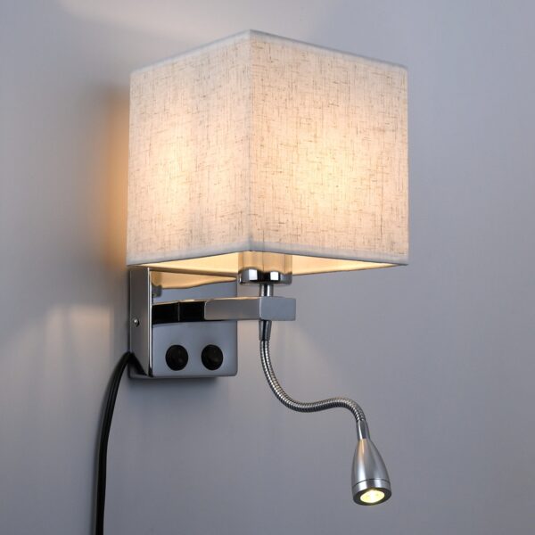 GloboStar® ELEGANT 01495 Μοντέρνο Φωτιστικό Τοίχου Απλίκα Μεταλλικό Χρώμιο Νίκελ με Λευκό Ύφασμα Δίφωτο 1xE27 – Ρυθμίζόμενο Σώμα Σπιράλ με CREE LED 3W Θερμό Λευκό 2700K – Διακόπτες On / Off Μ17 x Π21 x Υ43cm
