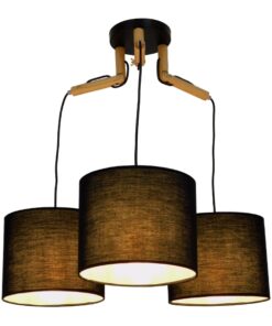 GloboStar® RAMSON 01525 Μοντέρνο Κρεμαστό Φωτιστικό Οροφής Τρίφωτο 3 x E27 Μαύρο με Ξύλο και Υφασμάτινα Καπελα Φ67 x Υ65cm